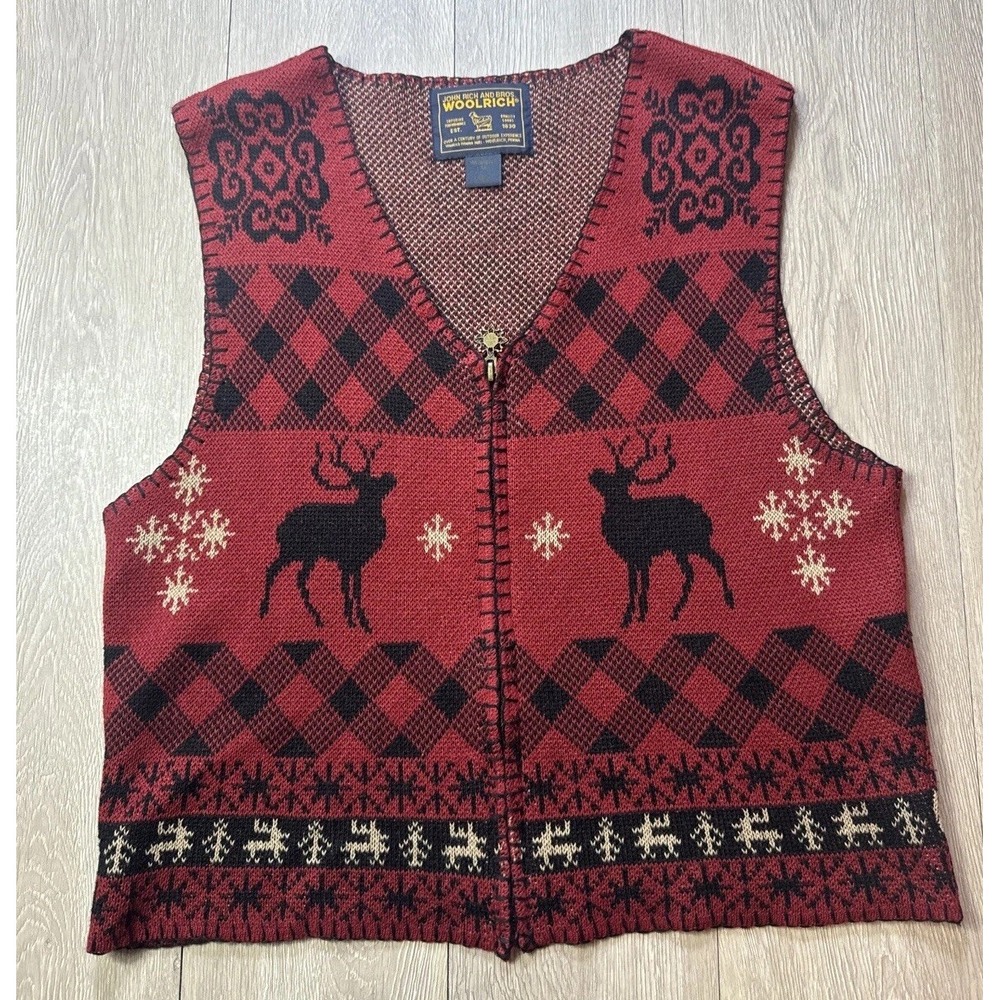Vintage Woolrich Sweater Vest Women Medium Think Knit Design Holidays Reindeer